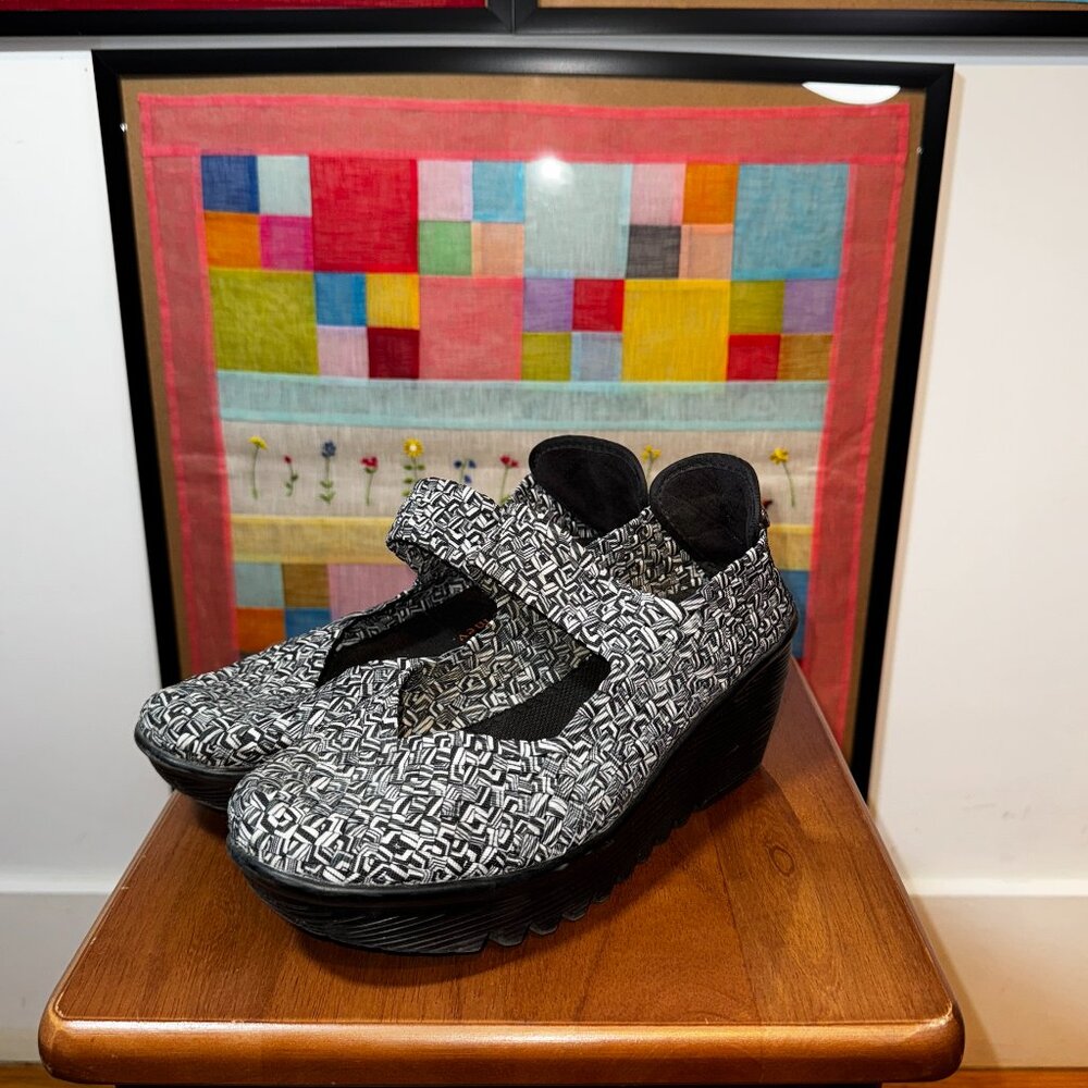 Bernie Mev. Black & White Woven Mary Jane Wedge Shoes